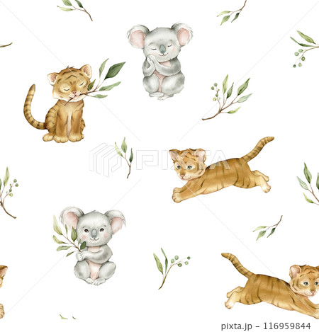 Seamless pattern with green eucalyptus leaves and cute tiger and koala. Watercolor isolated illustration on white background. Cartoon kids print with animals minimalist scandinavian style. 116959844