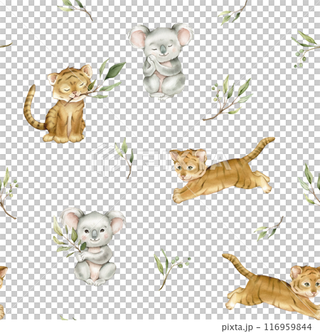 Seamless pattern with green eucalyptus leaves and cute tiger and koala. Watercolor isolated illustration on white background. Cartoon kids print with animals minimalist scandinavian style. 116959844