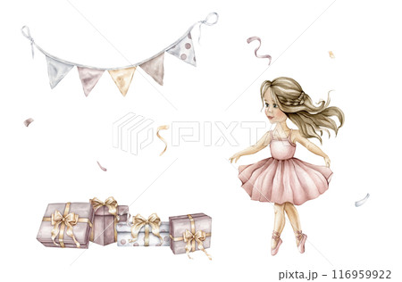 Watercolor Air Balloons and confetti and ballerina on isolated background. Hand drawn illustration for greeting cards for girls. Template Happy birthday with gifts and girlande flags on pastel colors 116959922