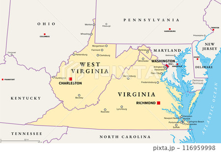 The Virginias, political map. The two Virginias, two states in the Southeastern and Mid-Atlantic regions of the United States. Virginia with capital Richmond and West Virginia with capital Charleston. The Virginias, political map. The two Virginias, two states in the Southeastern and Mid-Atlantic regions of the United States. Virginia with capital Richmond and West Virginia with capital Charleston. 116959998