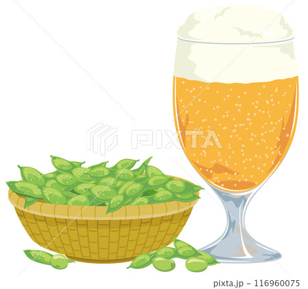 ワイングラスに入ったビールとカゴに入った枝豆のイラストアイコン 116960075