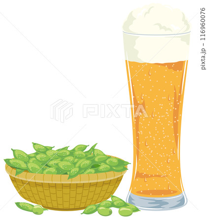 スタイリッシュなグラスに入ったビールとカゴに入った枝豆のイラストアイコン 116960076