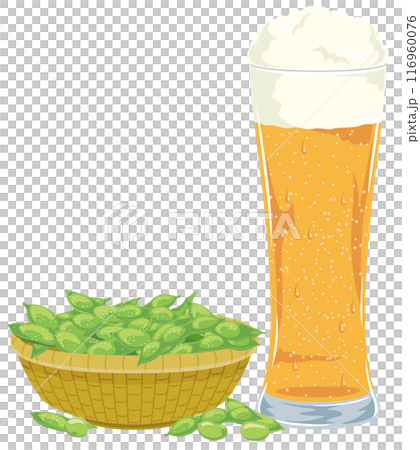 スタイリッシュなグラスに入ったビールとカゴに入った枝豆のイラストアイコン 116960076