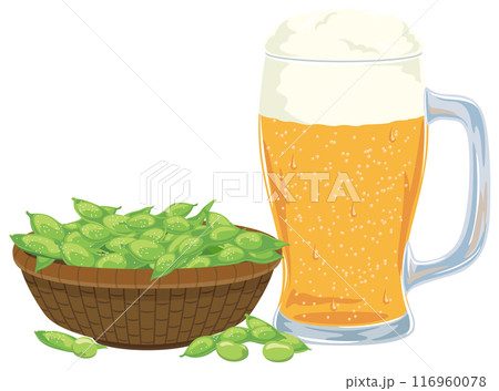 ジョッキに入ったビールとカゴに入った枝豆のイラストアイコン ジョッキに入ったビールとカゴに入った枝豆のイラストアイコン 116960078