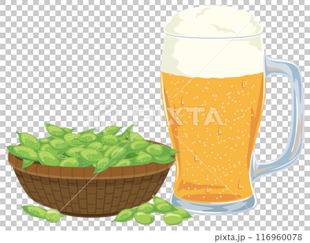 ジョッキに入ったビールとカゴに入った枝豆のイラストアイコン ジョッキに入ったビールとカゴに入った枝豆のイラストアイコン 116960078