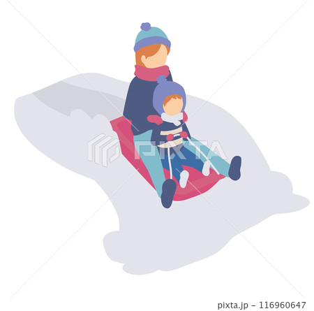 そりで遊ぶ親子のアイソメイラスト 116960647