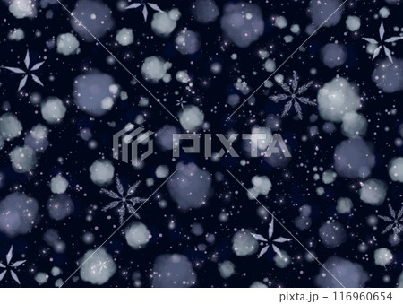 雪が降る神秘的、メルヘン、幻想的なきらきら光る背景壁紙イラストテクスチャ【青、ネイビー】 116960654