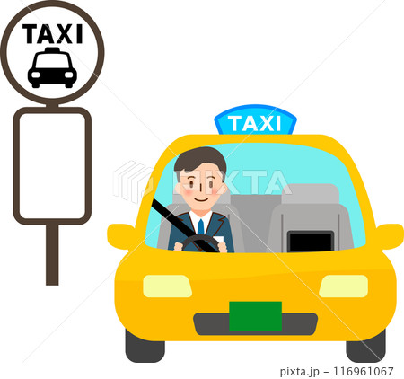 タクシー乗り場の看板とドライバーが乗ったタクシー タクシー乗り場の看板とドライバーが乗ったタクシー 116961067