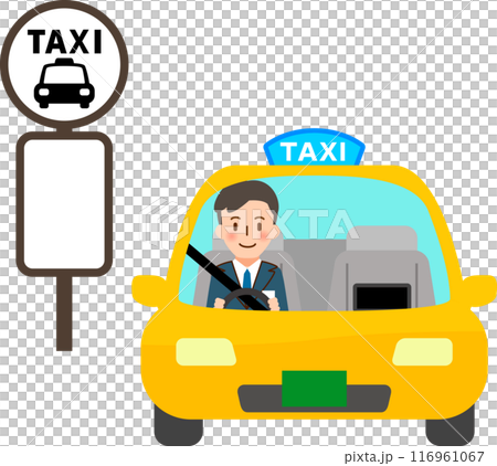 タクシー乗り場の看板とドライバーが乗ったタクシー タクシー乗り場の看板とドライバーが乗ったタクシー 116961067