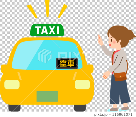 手を挙げてタクシーを呼ぶ女性 手を挙げてタクシーを呼ぶ女性 116961071