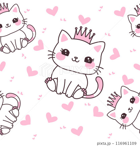 Seamless Pattern of Cute Cat Wearing Crown with Pink Love Decoration Seamless Pattern of Cute Cat Wearing Crown with Pink Love Decoration 116961109