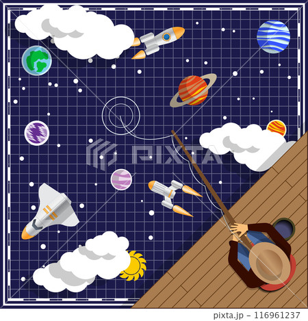 Fisherman on the edge of cosmos. View from above. Vector illustration. Fisherman on the edge of cosmos. View from above. Vector illustration. 116961237