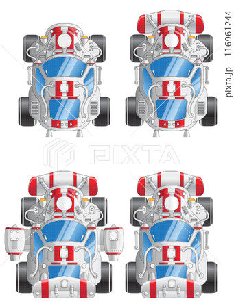A set of options for a futuristic car. Pixel art. View from above. Isolated on white background.  116961244