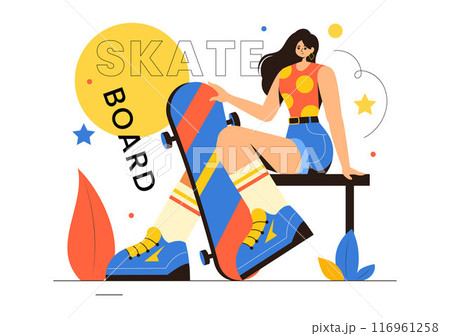 Skateboard Vector Illustration with Skateboarders Jumping on a Springboard in a Skatepark in Extreme Sports on Flat Style Cartoon Background 116961258