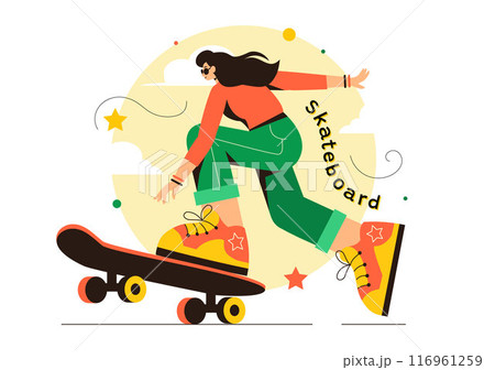 Skateboard Vector Illustration with Skateboarders Jumping on a Springboard in a Skatepark in Extreme Sports on Flat Style Cartoon Background 116961259