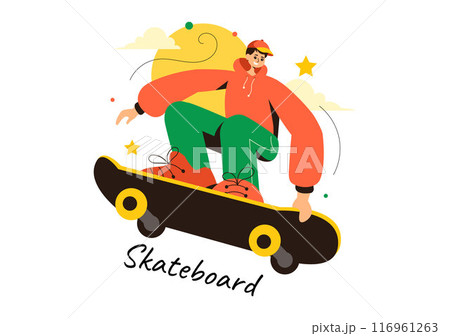 Skateboard Vector Illustration with Skateboarders Jumping on a Springboard in a Skatepark in Extreme Sports on Flat Style Cartoon Background 116961263