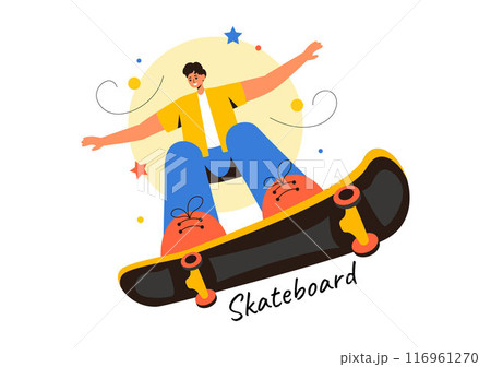 Skateboard Vector Illustration with Skateboarders Jumping on a Springboard in a Skatepark in Extreme Sports on Flat Style Cartoon Background Skateboard Vector Illustration with Skateboarders Jumping on a Springboard in a Skatepark in Extreme Sports on Flat Style Cartoon Background 116961270