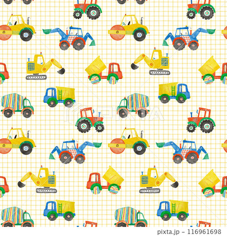 Beautiful childish seamless pattern with hand drawn watercolor kid's toys illustrations. Construction equipment concrete mixer dump truck excavator tractor. Beautiful childish seamless pattern with hand drawn watercolor kid's toys illustrations. Construction equipment concrete mixer dump truck excavator tractor. 116961698
