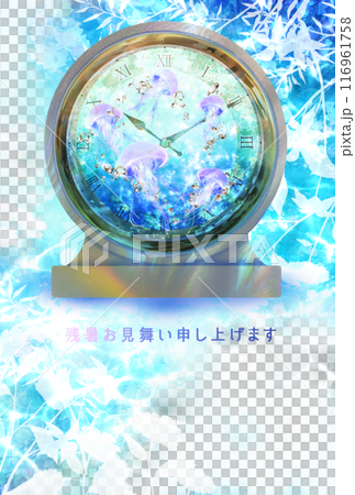 クラゲが泳ぐ置時計が描かれた残暑見舞い 116961758