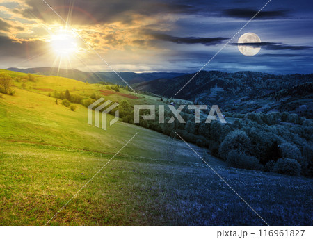 composite image of countryside landscape at day and night time change concept. dramatic view of pretty farmland. rolling hills. Rural scenery in mountains. spring equinox or summer solstice 116961827