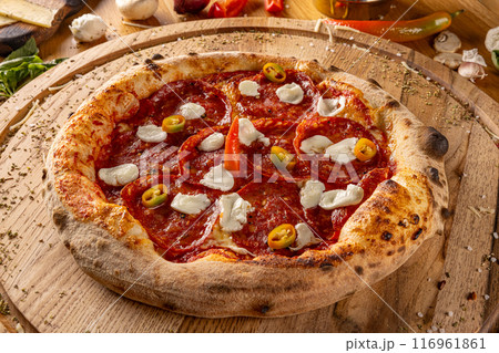 Rustic homemade pepperoni pizza 116961861