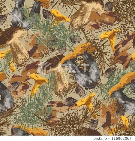 Seamless camouflage pattern with forest litter, nature elements. Dry spruce branches, bark pieces, mushrooms. Wild nature. For apparel, fabric, textile, sport goods. 116962067