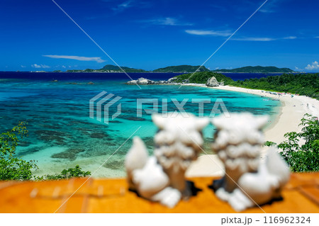 沖縄の美しい海を見つめる仲良しシーサー 沖縄の美しい海を見つめる仲良しシーサー 116962324