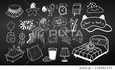 Good night vector chalk drawn illustrations set Good night vector chalk drawn illustrations set 116962370