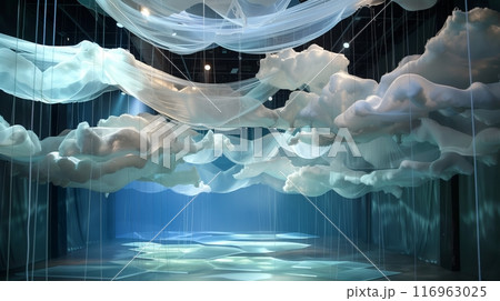 An ethereal runway with translucent fabric layers mimicking clouds, enhanced by dreamy, soft lighting. 116963025