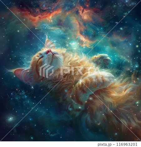 A Cat Floating in a Starry Nebula 116963201