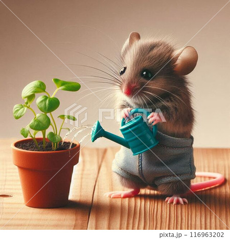 鉢植えに水をやる子ネズミ 116963202