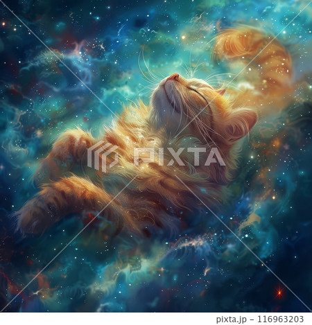 A Golden Cat Floating in a Starry Galaxy 116963203