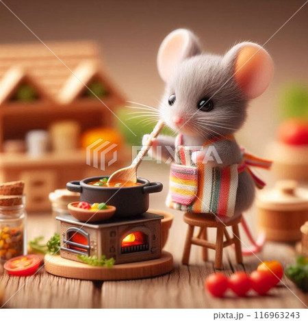 エプロン姿で料理をするネズミ エプロン姿で料理をするネズミ 116963243