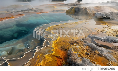 A geothermal landscape with hot springs, vibrant minerals, and geysers showcases Earths power and beauty. 116963260