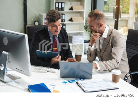 Male colleague caucasian, meeting design ideas concept business planning at office. 116963450