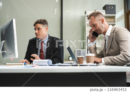 Male colleague caucasian, meeting design ideas concept business planning at office. 116963452