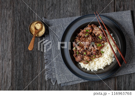 Bulgogi, Korean BBQ Beef with rice, top view Bulgogi, Korean BBQ Beef with rice, top view 116963768