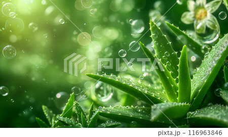 Vibrant Explosion of Aloe Vera Leaves With Dewdrops on Lush Green Background. Generative AI Vibrant Explosion of Aloe Vera Leaves With Dewdrops on Lush Green Background. Generative AI 116963846