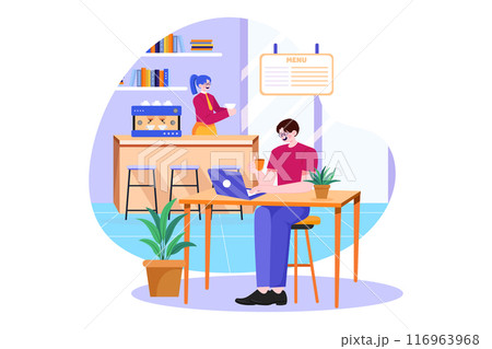 The Guy Sits At A Laptop In A Cafe The Guy Sits At A Laptop In A Cafe 116963968