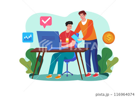 Male employees chatting with each other Male employees chatting with each other 116964074