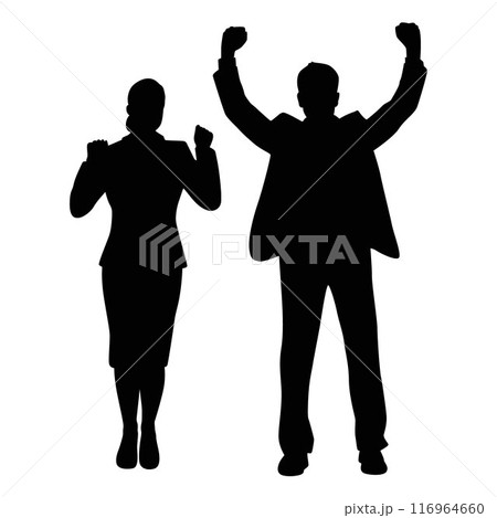 Business man and woman celebrating, people cheering carefree and excited silhouette 116964660