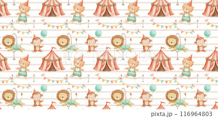 Seamless watercolor pattern with cute circus animals. Childish hand drawn background with tend, monkey and lion. 116964803