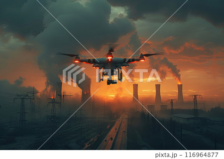 Drone flies over a large industrial area at sunset 116964877