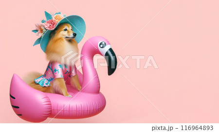Funny dog wearing summer fashion with rubber ring on pastel background. Summer Vacation Concept. Funny dog wearing summer fashion with rubber ring on pastel background. Summer Vacation Concept. 116964893