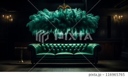 A green couch in a dark room with a chandelier 116965765