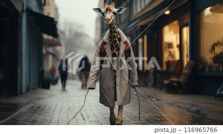 A giraffe is walking down a city street 116965766