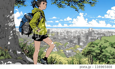 都会近くの低山に一人でハイキングに来ている若い女性
