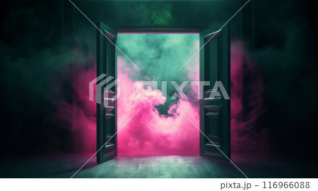 An open door with to a pink and green smoke 116966088