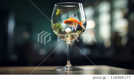A goldfish in a wine glass in an aquarium 116966177