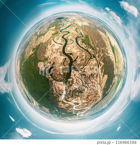 Aerial View Green Countryside Rural forest river Field Meadow Landscape Sunny summer Day. Top View Of Beautiful Nature From High Attitude. Little Small Planet Concept 116966388